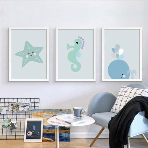 Cartoon animal art wall poster modern minimalist canvas painting starfish seahorse and dolphin mural home decor childrens room