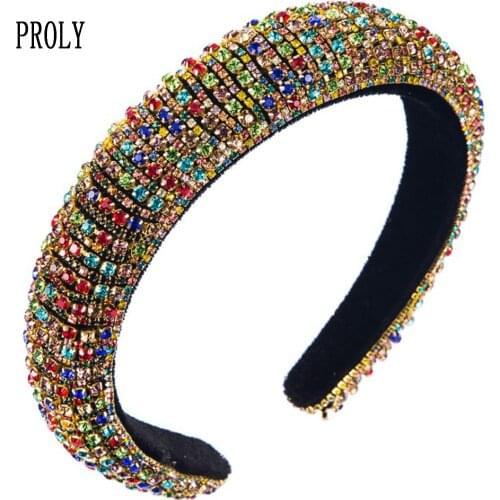 PROLY New Top Quality Baroque Hair Accessories Shining Rhinestone Hairband Thickened Sponge Headband Party Wedding Headwear