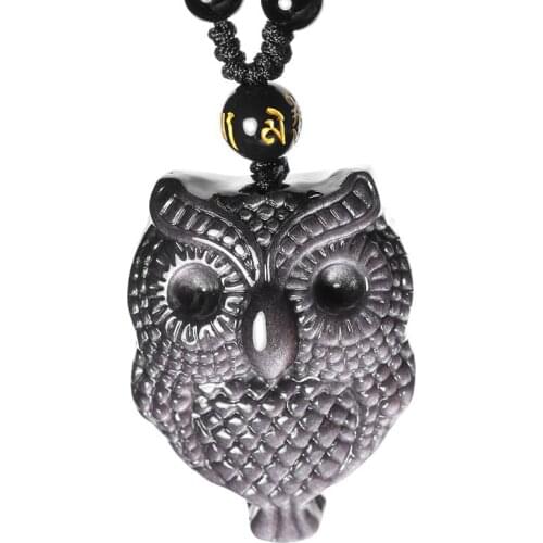 Natural Silver Obsidian Amulet Pendant Necklace Healing Crystal Carved Gemstone Necklace for Lucky
