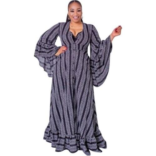African Maxi Dresses For Women Ruffle Patchwork Flare Sleeve Robes Autumn Striped Bazin Riche Traditional African Clothing Dress