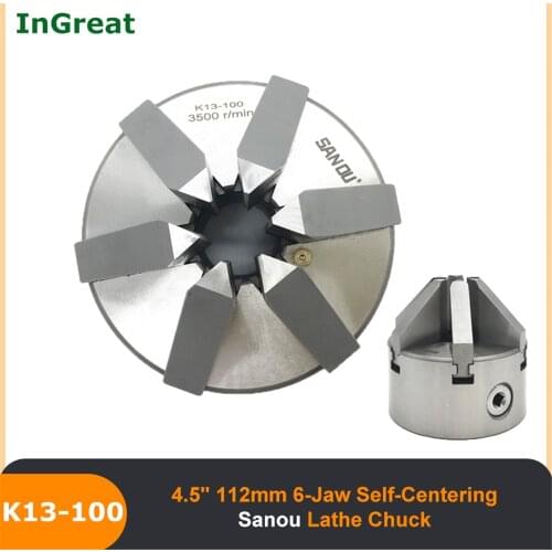 SANOU K13-100 6 Jaw Slope 112mm 4.5'' Lathe Chuck Self Centering Hardened Reversible Mounting Tool for Drilling woodworking