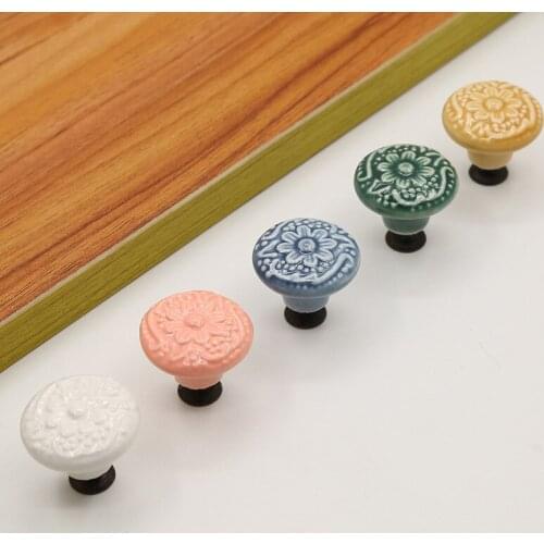 Nordic Round Embossed Single Hole Ceramic Handle Pastoral Retro Cabinet Wardrobe Door Knobs Single Hole Furniture Pulls Diy