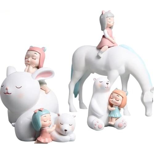 Nordic Resin Statue Cute Girl and Animal Crafts Figurine Home Living Room Decoration Accessories Character Sculpture New Gifts