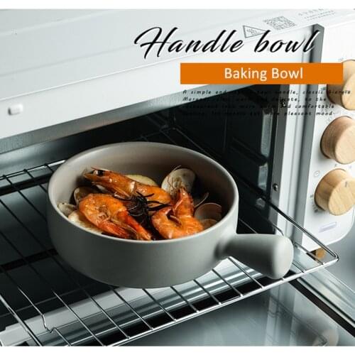 Baking Plate Oven Deep Dish Belt Handle Round Plate Oven Ceramic Matte Coloured Glaze Baked Spaghetti Meal Tray Fruit Salad Dish