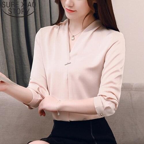 2020 Spring New Korean Fashion Solid Long Sleeve Chiffon Women Shirt V-neck Slim Temperament Women Blouse Camisas Mujer 8192 50