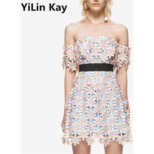High-end custom womens summer dresses 2019 summer fashion runway high quality lace party dresses sexy hollow out club dress