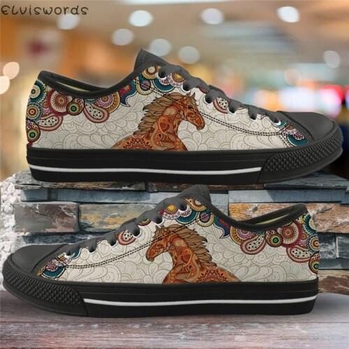 ELVISWORDS Canvas Women Flats Shoes Polynesian Traditional Tribal Horse Pattern Light Lace-up Sneakers Female Vulcanized Shoes