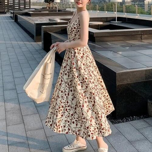 Midi Dresses Floral Sleeveless Women Summer Spaghetti Strap Skirt for Dating