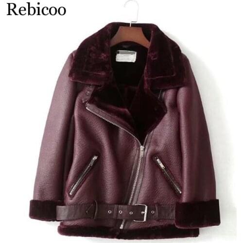 Winter Women Sheepskin Coats Thicken Faux Leather Fur Female Coat Fur Lining Leather Jacket Aviator Jacket Casaco Feminino XS-XL
