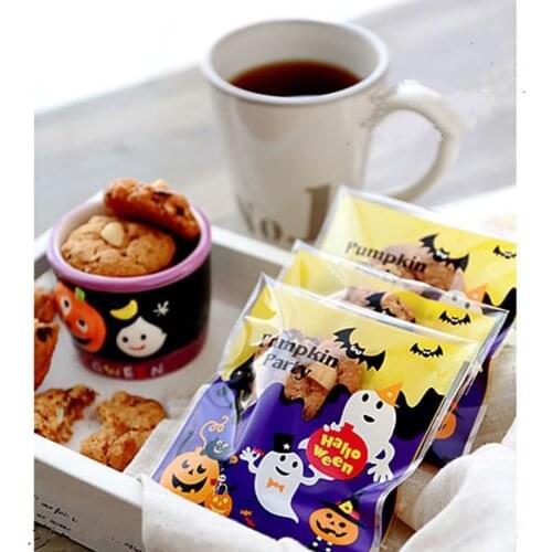 100pcs Self Adhesive Halloween Pumpkin Candy Biscuits Cookie Packing Bag Clear DIY Candy Cookies Birthday Party Craft Bag HG0247