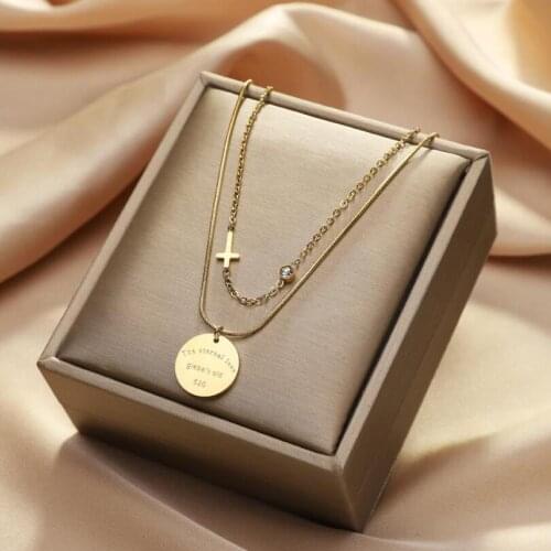 316L Stainless Steel Double Layer Zircon Cross Coin Charms Clavicle Chain Choker Necklace For Women Fashion Trend Jewelry SAN390