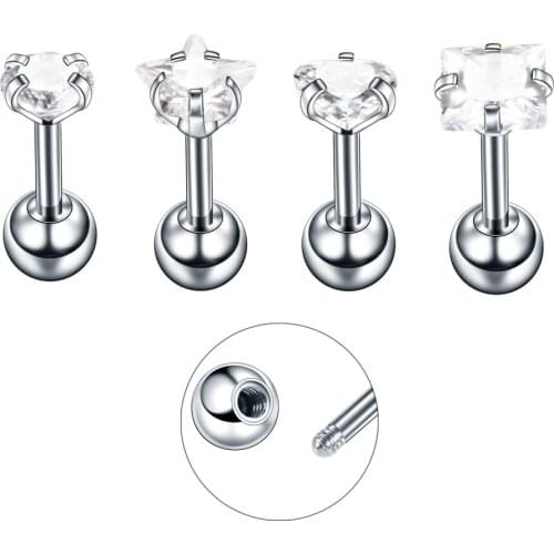 Utimtree 4PCS Mixed Shape Stainless Steel Lip Piercings Crystal Labret Ring Lip Tragus Ear Stud Kit Rings Body Piercing Jewelry