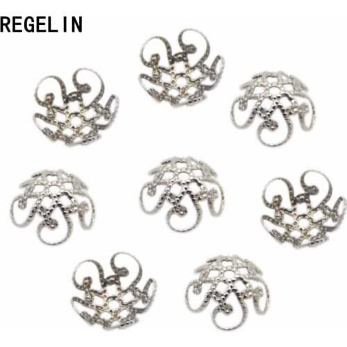 REGELIN Stainless Steel Silver Tone Flower End Caps Metal Filigree Charm Spacer Beads for DIY Jewelry Findings 50pcs/lot 8/10mm