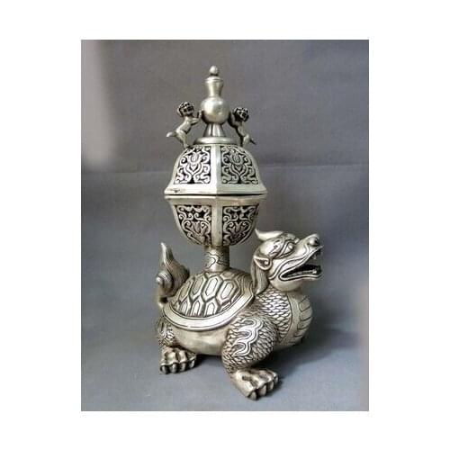 Copper Brass CHINESE crafts decor ation Asian 12 " China prata fina Foo Dog tartaruga queimador de incenso ( D0426 )