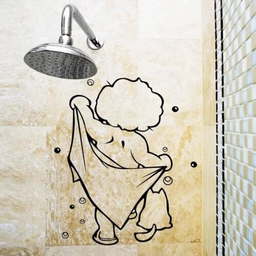 Cartoon Kid Taking A Bath Wall Stickers Home Decoration For Bathroom Glass Art Applique Peel & Stick Waterpoof Vinyl Wallpaper