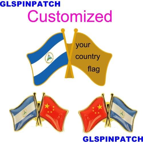 Nicaragua Crossed Friendship Flag Double Country lapel pin Brooch USA UK France Chile Russia Saudi Arabia Japan Spain Badge