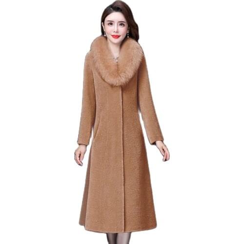New Arrival Women Long Lengthened Winter Thicken Sheep Flat Solid Color Fur Coat Fleece Plus Size Big Fur Collar Windbreaker