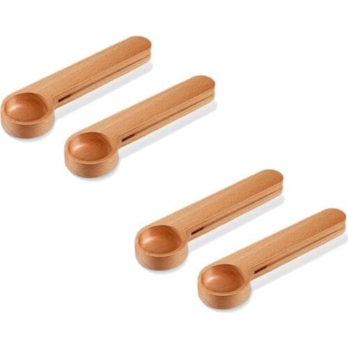 New 4Pieces Wood Coffee Scoop with Clip Measuring Spoon Tea Coffee Bag Clip Spoon Coffee Bean Loose Tea Spoon for Coffee