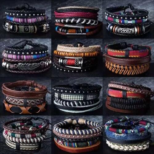 New Style Multilayer vintage leather bracelets handmade men jewelry retro plant charm bracelet bangles male jewelry