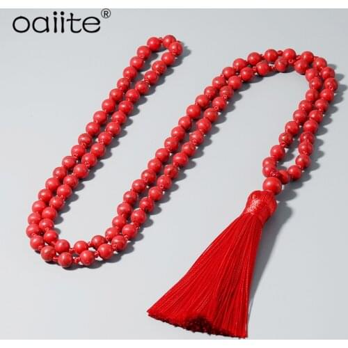 OAIITE 108 Beads Mala Necklace Handmade Tassel Jewelry For Unisex 6mm Red Howlite Natural Turquoises Stone Knotted Necklace