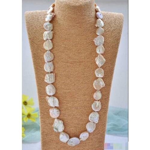 Huge 33" 24mm pink coin freshwater pearl necklace 925silver