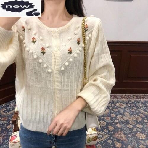 Japan Style Casual Cardigan Sweater Women O-Neck Lantern Sleeve Embroidery Sweet Knitting Jacket Autumn Vintage Sweaters Tops