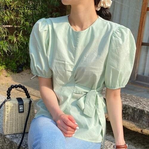 2021 Sweet Solid Cotton O-neck Puff Sleeve Top Chic Summer Green Women Shirt Office Lady Loose Short Sleeve Shirt Blusa 14772