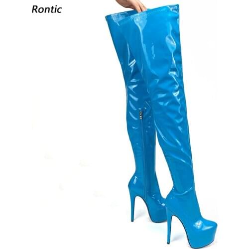 Rontic New Handmade Women Spring Thigh Boots Side Zipper Stiletto Heels Round Toe Fabulous Sky Blue Red Party Shoes US Size 5-20