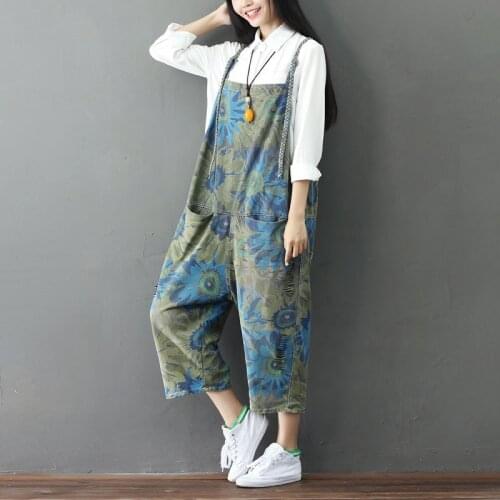 Women Casual Strap Printed Floral Jumpsuits Calf Length Ladies Wide Leg Overalls Pants Female Print Rompers Trouser Flower Retro