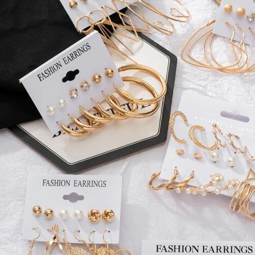 Womens Earrings Korean Stud Earrings for Women Vintage Pearl Tassel Gold Circle Earring Set 2021 Trend Earings Female Jewelry