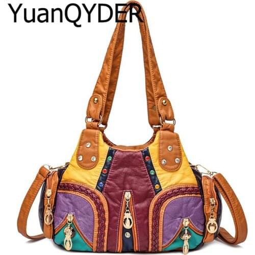 Washed Leather Womens Shoulder Bags Fashion Design Rivet Weave Handbag Contrast Color Vintage Large Crossbody Bag Travel Totes