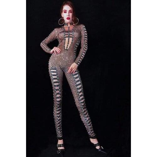 Sparkly Full Rhinestones Skinny Jumpsuit Women Singer Hot Fashion Evening Concert Costume Leggings Birthday Party Crystal Outfit