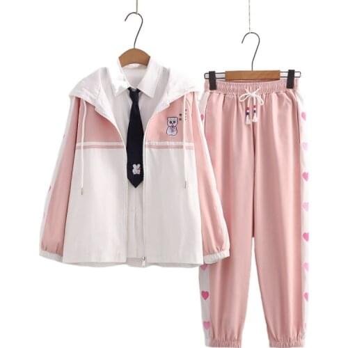 Women Pant Sets 2021 Autumn Sweet Style 2 Piece Set Clothing Cartoon Embroidery Straight Pants and Zipper Hooded Jackets Coat
