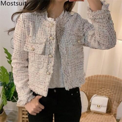 Single-breasted Tweed Women Coat Jacket 2021 Spring Full Sleeve O-neck Pockets Tops Elegant Fashion Vintage Korean Ladies Coats