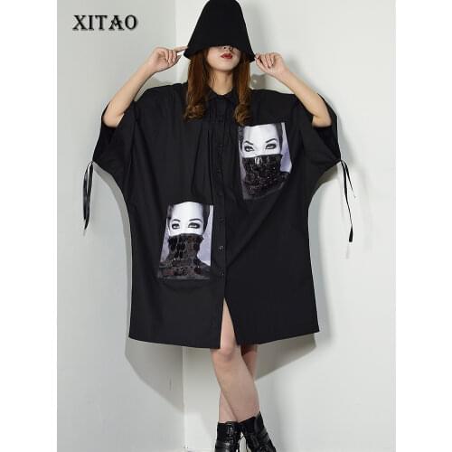 [XITAO] Sequined Print Pattern Plus Size Dress Women Turn-down Collar Patchwork Single Breasted Women Clothes 2019 New XJ1509