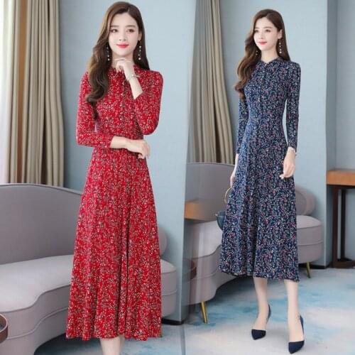 2021 Vintage Red Floral Midi Dresses Autumn Winter Female 4XL Plus Size Long Sleeve Dress Elegant Women Bodycon Party Vestidos