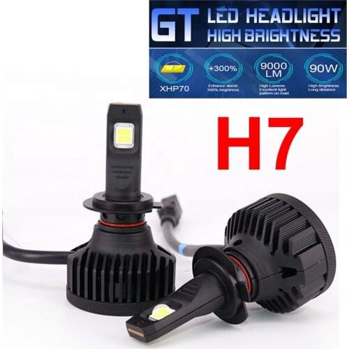 1 Set H7 XHP70 LENS Chips GT Series Car LED Headlight 90W 9000LM High Brightness EMC Turbo Fan Front Bulbs Lamps 6000K White 12V