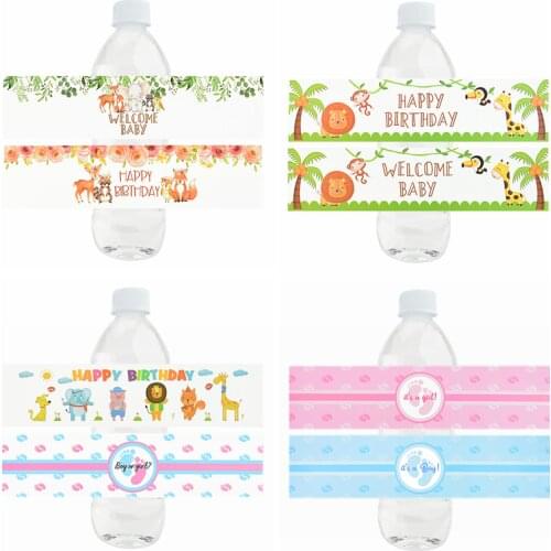 24pcs/lot Baby Shower Bottle Label Stickers Decorations Happy Birthday Party Jungle Safari Animals Water Bottle Sticker Supplies