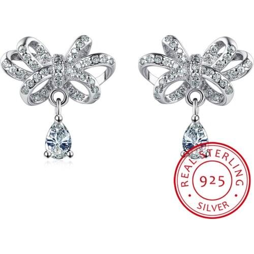 925 Sterling Silver Jewelry Shiny CZ Zirconia Bowknot Stud Earrings pendientes boucles d'oreilles S-E349