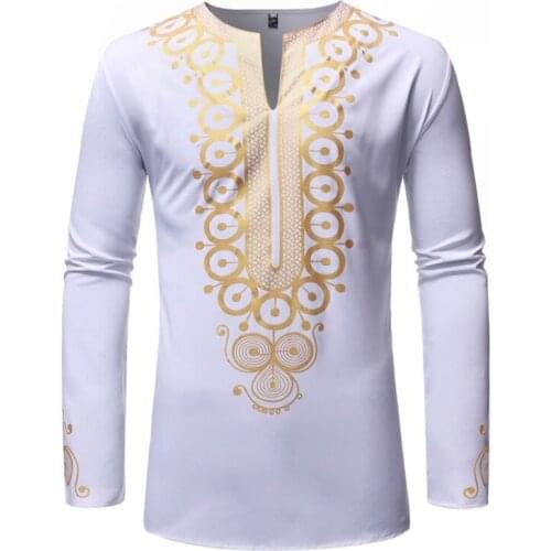 White African Dashiki Print V Neck T Shirt Men 2020 Autumn New Streetwear African Clothes Men Slim Fit Long Sleeve Chemise Homme