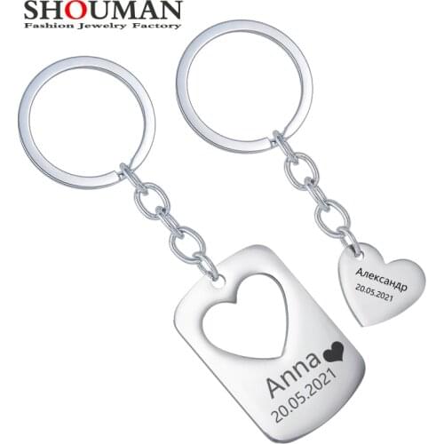 SHOUMAN Personalized Engraved Heart Date Name Keychain Love Car Dog Tag Anti-lost Keyring for Lover Couples Girl Boy Gift