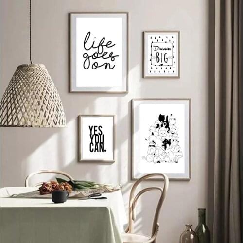 Black White Canvas Painting Cartoon Cute Cats Picture Dream Big Life Quotes Nordic Poster Print Wall Art Home Decoration Mural