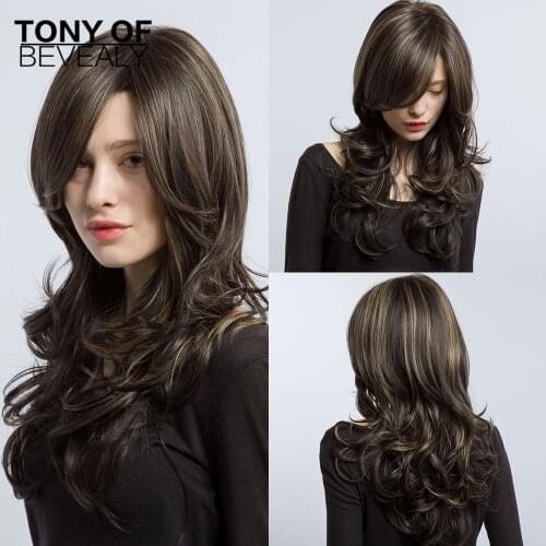 Long Wavy Black With Blonde Hightlight Synthetic Wigs for Women With Bangs Cosplay Natural Wigs Heat Resistant Fiber Hair Wigs
