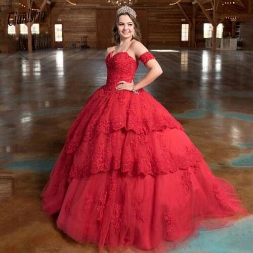 Elegant Red Ball Gown Long Quinceanera Dresses 2020 Sweetheart Spaghetti Tiered Lace Applique Sweet 16 Dresses