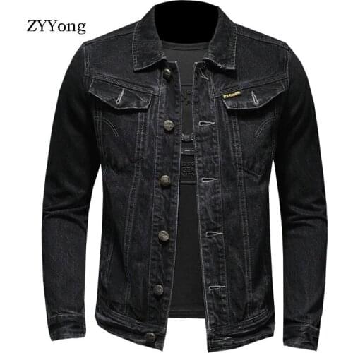 European Style Bomber Pilot Black Denim Jacket Men Jeans Coats Turndown Collar Slim Motorcycle Casual Outwear Clothing Overcoat
