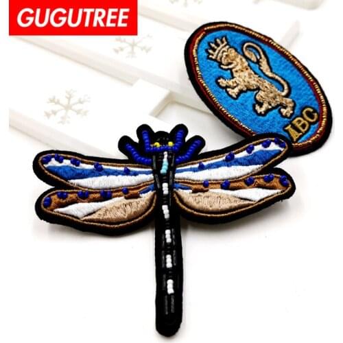 GUGUTREE beaded embroidery dragonfly lion crown patch animal patches badges applique patches for clothing YC-64