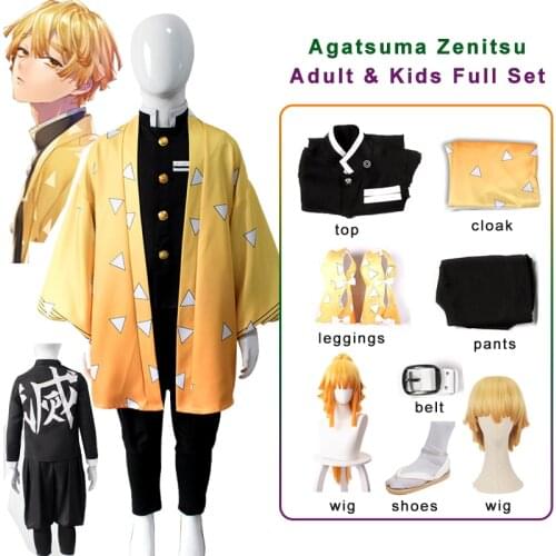 Anime Demon Slayer Kimetsu No Yaiba Agatsuma Zenitsu Cosplay Costume Adult Kids Kimono Suit Girl Man Boys Costume Uniform Cloak