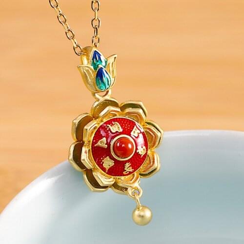 Ethnic style new s925 pure silver gilded burnt blue eight-petal lotus prayer wheel pendant real 925 silver fashion woman pendant