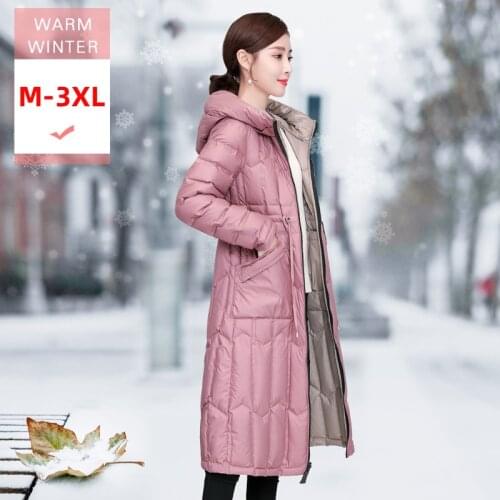 New Winter Women Long White Duck Down Jacket With Hood Female Ultra Light Slim Thin Reversilble Coat Windproof Good Quanlity