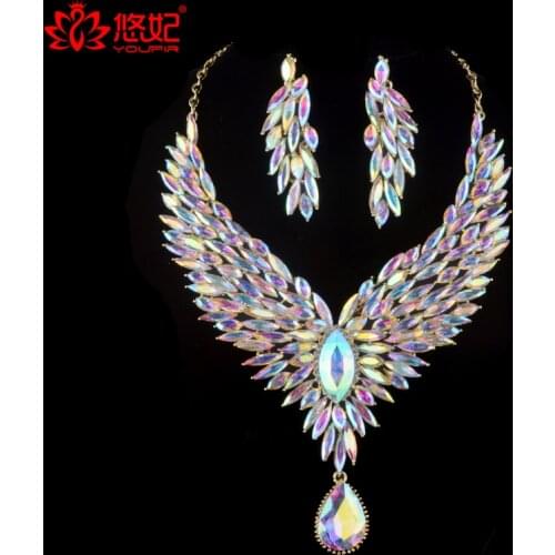 Bridal Wedding jewelry set Aurora color rhinestone cubic for womens party necklace earrings set peacock wig crystal AB jewelry